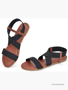 Women's Flat Sandals Elastic Strappy Comfort Slides for Walking Beach Travel